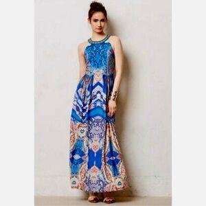 Anthropologie Ranna Gill Blue Boteh Maxi Dress Beaded Pleated Sleeveless